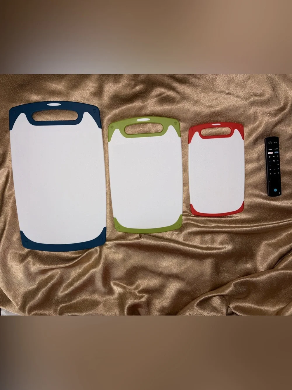 Set of 3 White Plastic Cutting Boards with Red, Green, and Navy Handles
